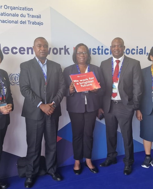 EMCOZ DELEGATES from left to right: 1st Vice President Mr F .J . Dube, Executive Director - Mrs N. Mukwehwa and President-Mr D. Mbauya attending the 111th Session of the International Labour Conference 2023 in Geneva, Switzerland.